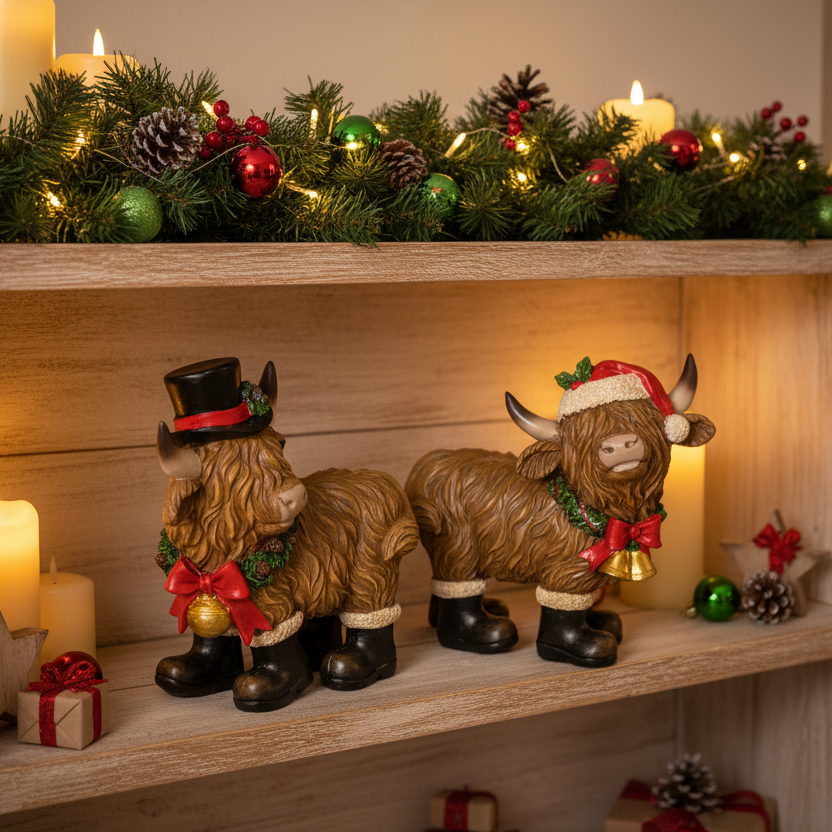 Two decorative yaks wearing festive hats and accessories on a white background