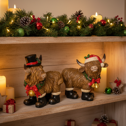 Two decorative yaks wearing festive hats and accessories on a white background