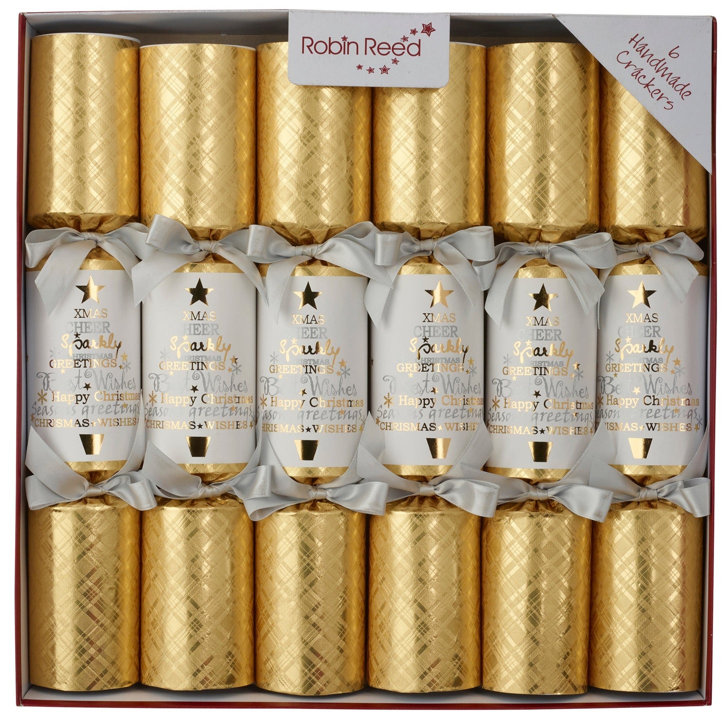A set of six Robin Reed Christmas crackers with gold tartan design, packaged in a box with festive decorations.
