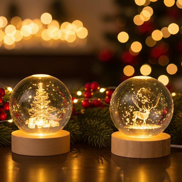 8cm 3D Lit Etched Glass Ball Christmas Decoration