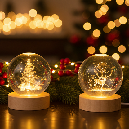 8cm 3D Lit Etched Glass Ball Christmas Decoration