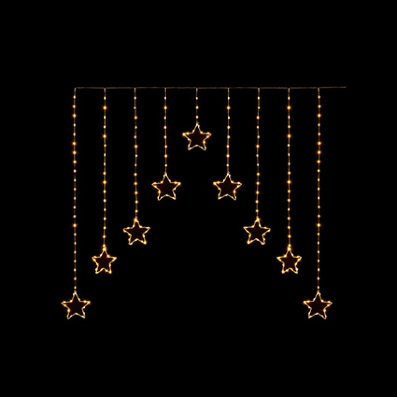 Warm white LED star-shaped hanging string lights suspended from a horizontal wire against a solid black background.