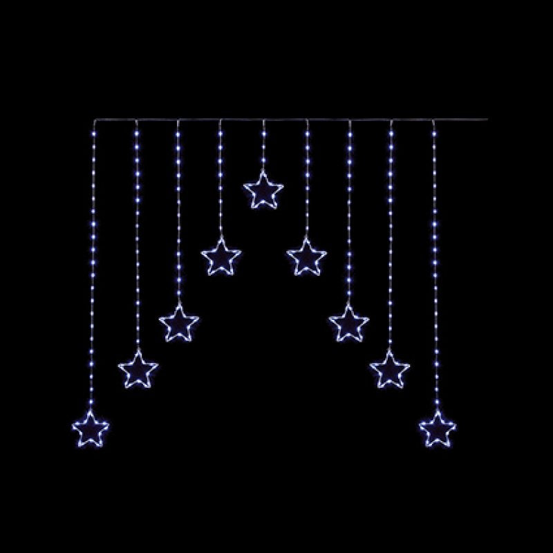 white LED star curtain string lights hanging in multiple vertical strands against a solid black background.