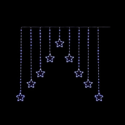 white LED star curtain string lights hanging in multiple vertical strands against a solid black background.