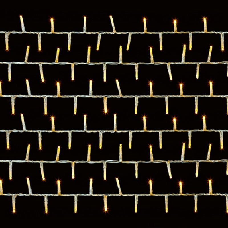 Warm white string lights on clear cable arranged in horizontal rows on a black background.