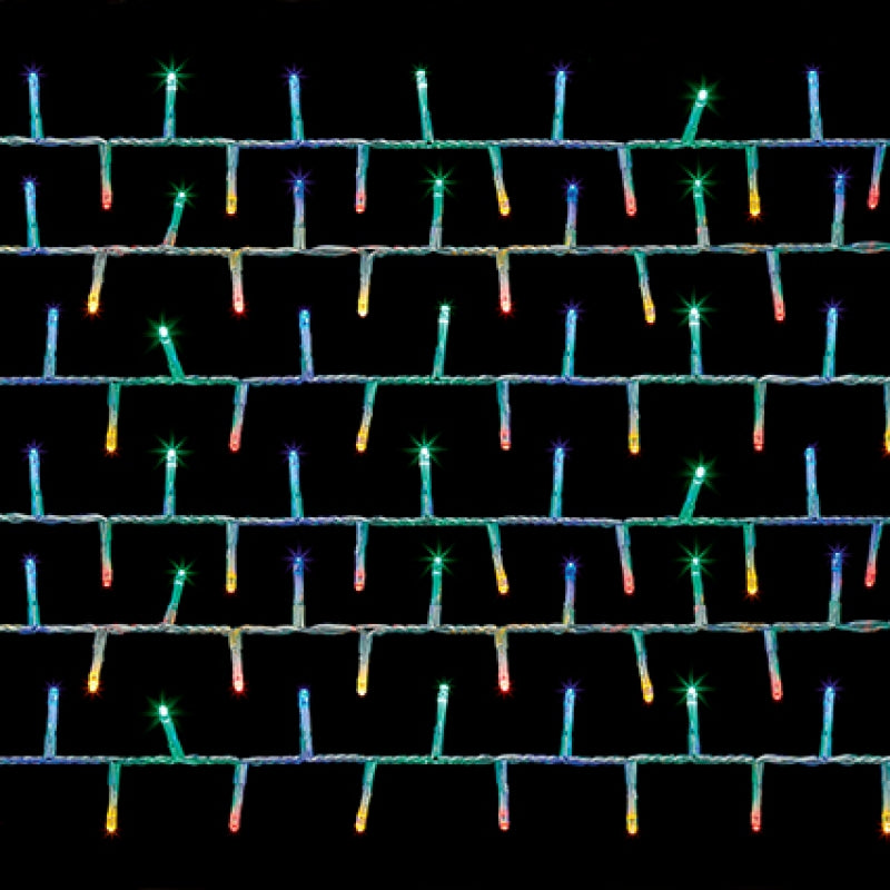 Multicolor LED string lights on clear cable arranged in horizontal rows against a solid black background.