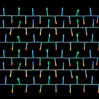 Multicolor LED string lights on clear cable arranged in horizontal rows against a solid black background.