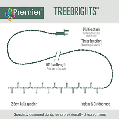 A product information graphic for Premier TreeBrights string lights. The image shows a dark green multi-strand wire light with a plug, labeled with features like 'Multi-action 8 different functions', 'Timer function', '5M lead length', and '2.