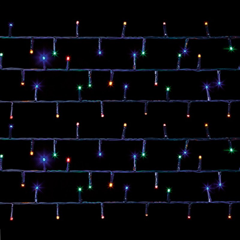 Multicolor LED string lights arranged in horizontal rows against a solid black background, showing glowing blue, green, red, orange, and purple lights.