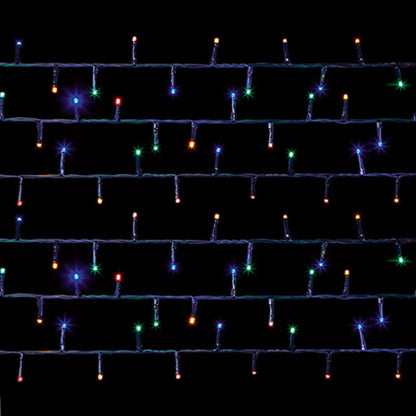 Multicolor LED string lights arranged in horizontal rows against a solid black background, showing glowing blue, green, red, orange, and purple lights.