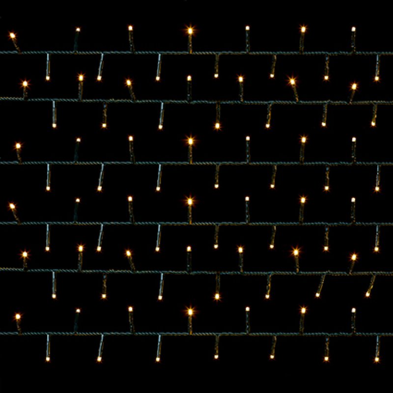 Warm white string lights arranged in horizontal rows against a solid black background.