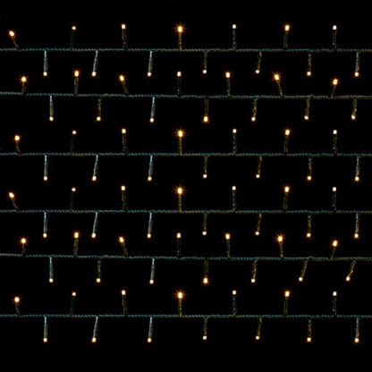 Warm white string lights arranged in horizontal rows against a solid black background.
