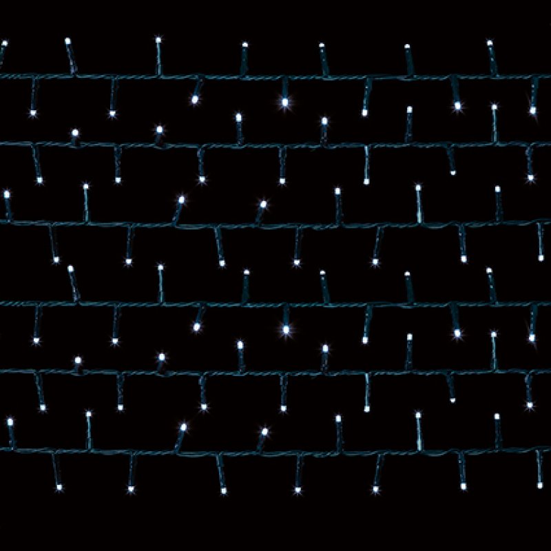 White string lights arranged in horizontal rows against a solid black background.