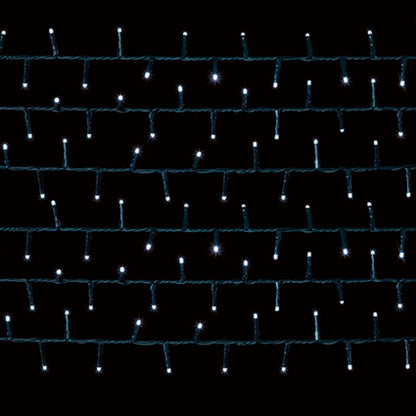 White string lights arranged in horizontal rows against a solid black background.