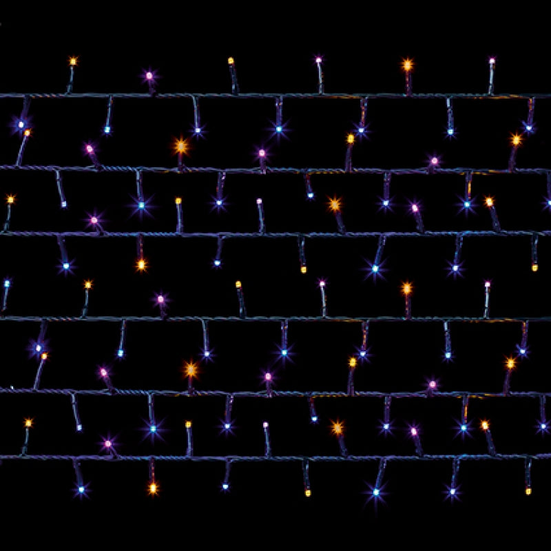 Multicolor LED curtain string lights with purple, blue, and orange glowing bulbs on a black background.