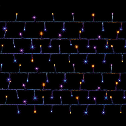 Multicolor LED curtain string lights with purple, blue, and orange glowing bulbs on a black background.