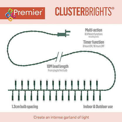 Premier ClusterBrights 10-meter multi-action LED garden string light with 1.3cm bulb spacing, featuring a multi-function plug and timer, shown on a white background with pink header and footer banners.