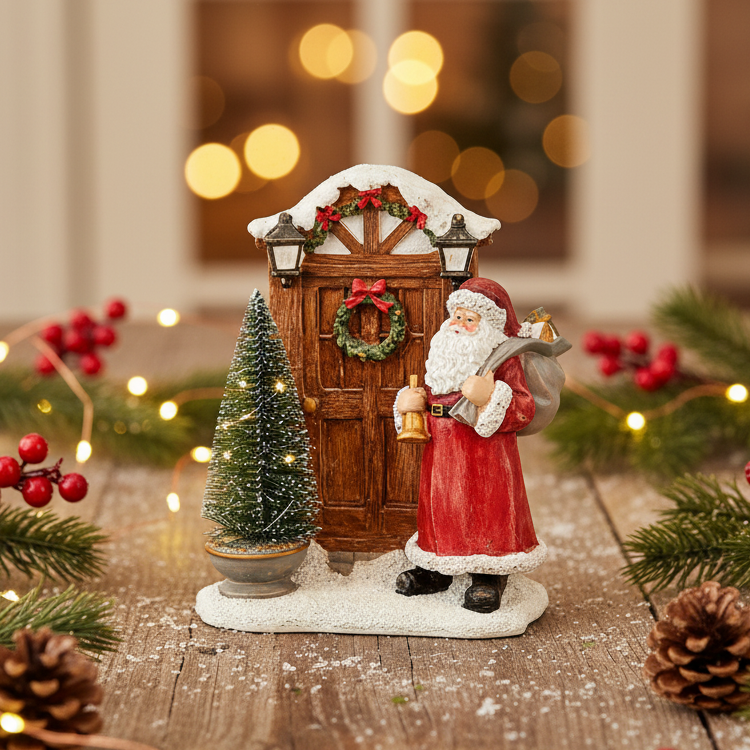 A festive Christmas figurine depicting Santa Claus in a red suit with white trim, standing next to a snow-covered wooden door with a wreath, bell, and lantern, with a small decorated tree on a snowy base.