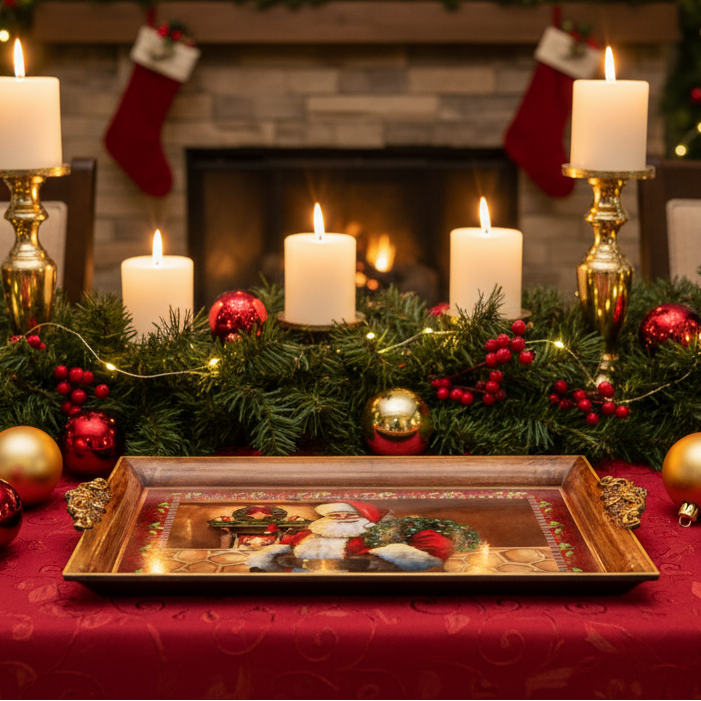 A rectangular decorative tray with a gold-toned rim and a painted Santa Claus scene, displayed on a red tablecloth in a festive holiday setting with candles, garland, ornaments, and stockings.