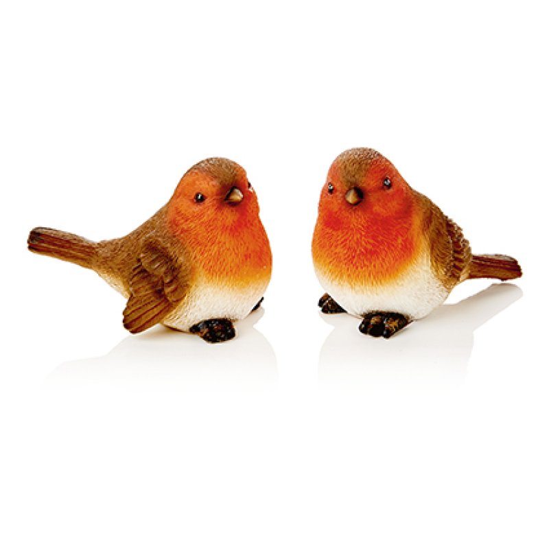 Two small robin bird figurines with orange-red bellies, brown wings, and white underbellies, shown on a clean white background.