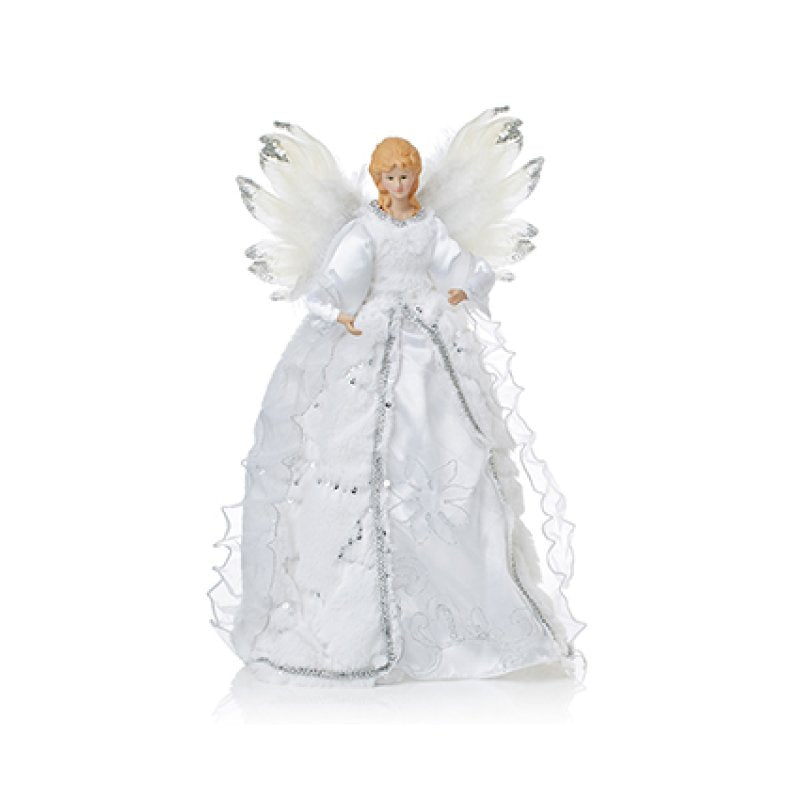 An angel Christmas tree topper figurine with white wings and a white gown, featuring a blonde face and hands, set against a plain white background.