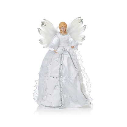 An angel Christmas tree topper figurine with white wings and a white gown, featuring a blonde face and hands, set against a plain white background.