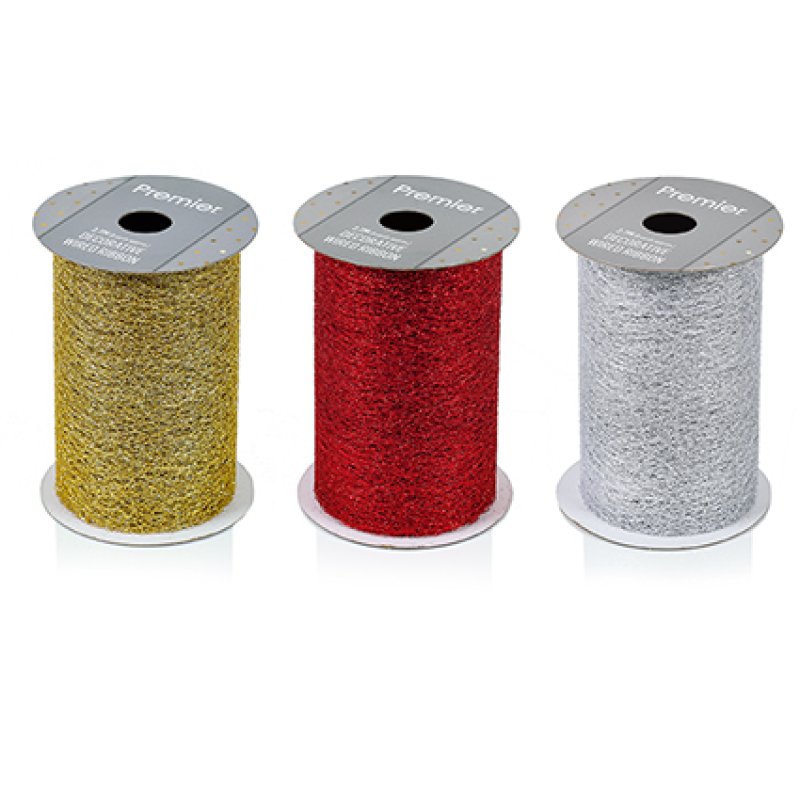 Three spools of glitter ribbon on a white background, in gold, red, and silver. Each spool has a gray cardboard top label with the brand name Premier.