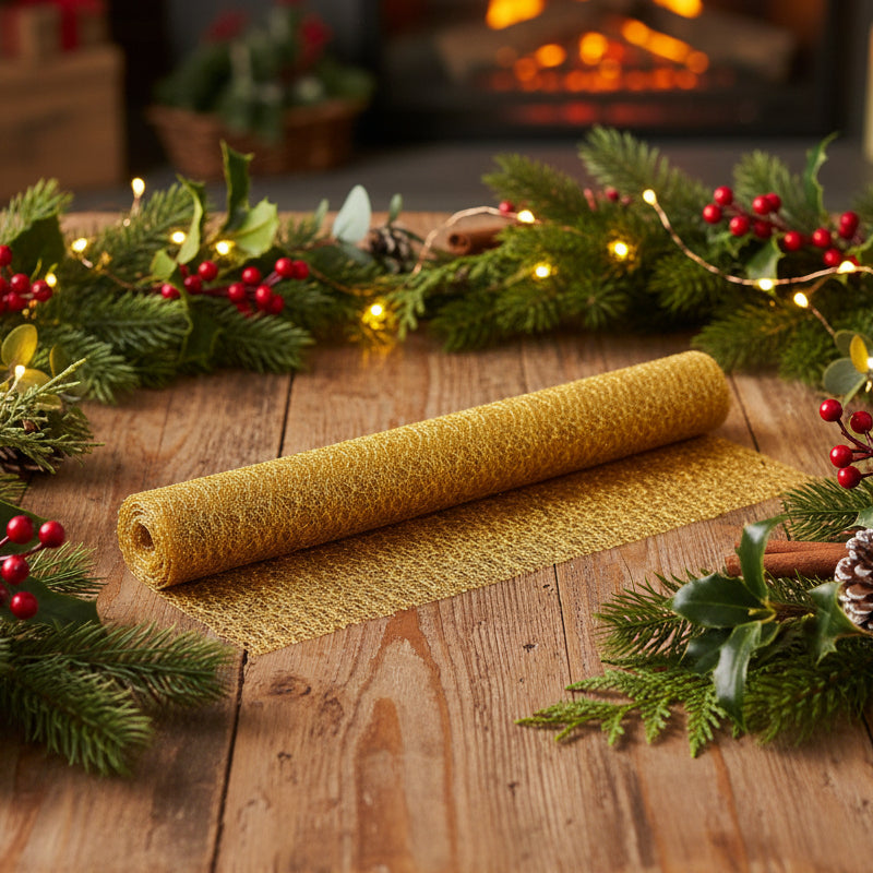 A roll of textured gold glitter mesh or tulle fabric, partially unrolled to show its fine, sparkly texture against a plain white background.