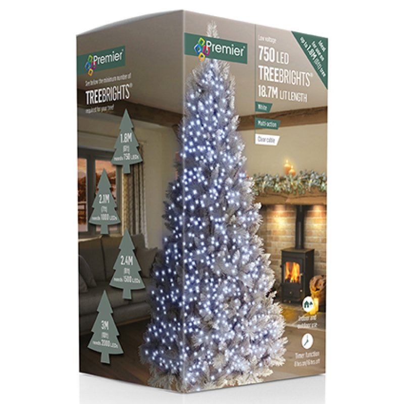 Premier 750 LED tree lights in its retail packaging, featuring a white-lit tree illustration on the box.