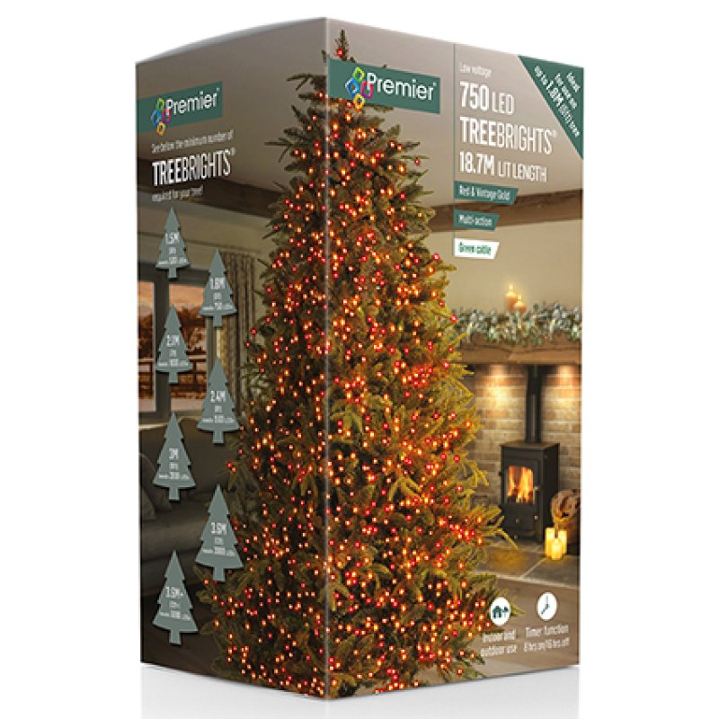 Premier TreeBrights 750 Red and Vintage Gold Clear Cable Christmas String Lights