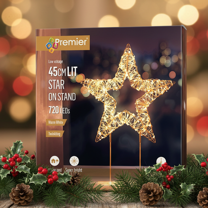 Premier 45cm star-shaped LED light on a stand, shown in its retail packaging with festive greenery and pinecones against a warm background.