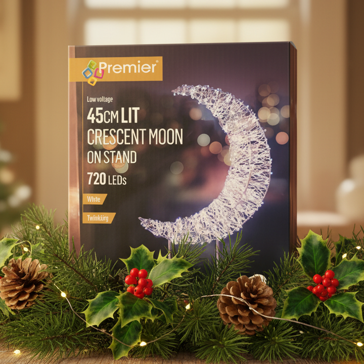Silver Lit Crescent Moon Twinkling LED Christmas Table Top Decoration