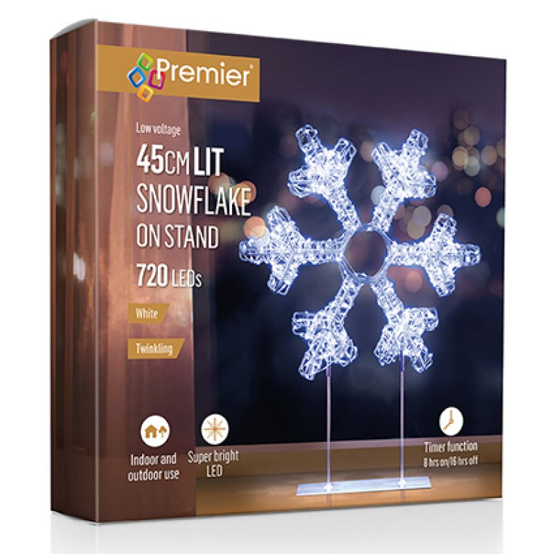 Premier 45cm lit snowflake LED stand on a brown retail box, shown at a three-quarter angle against a white background.