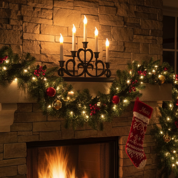 A black wrought-iron fireplace candebridge with five lit white taper candles displayed on a stone fireplace mantel decorated with a green garland, warm white string lights, red berries, gold ornaments, and a red knit Christmas stocking.