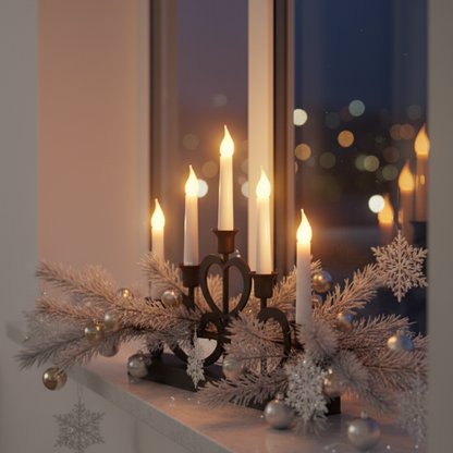 A dark metal candelabra-style candle holder with five lit white taper candles sits on a windowsill at night, with warm window light reflecting off the glass behind it.