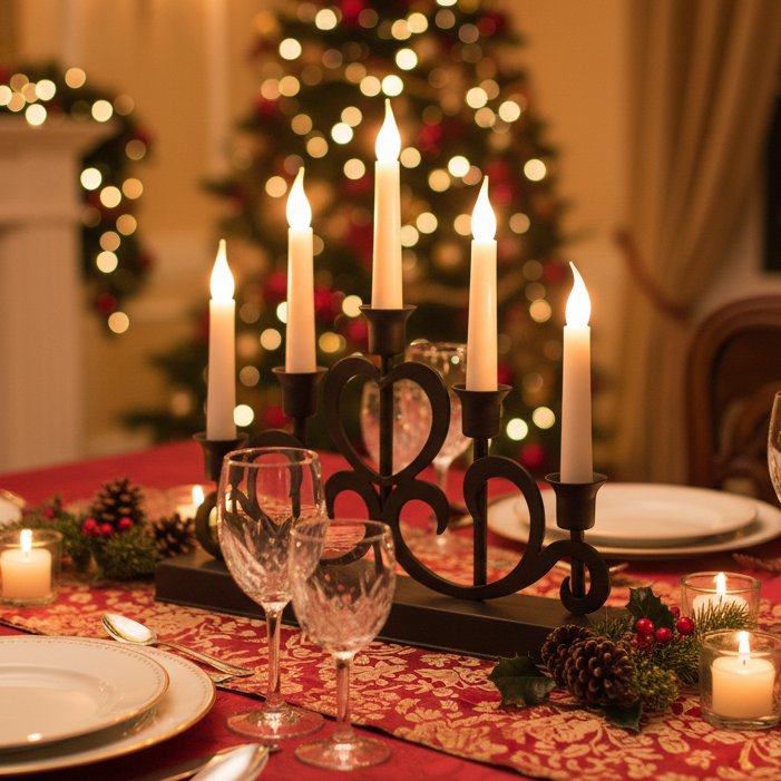 A black metal candelabra with five lit white taper candles sits on a decorated Christmas table runner, surrounded by wine glasses, plates, pinecones, and small candles, with a blurred Christmas tree in the background.