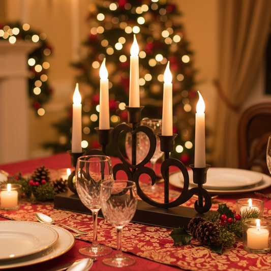 A black metal candelabra with five lit white taper candles sits on a decorated Christmas table runner, surrounded by wine glasses, plates, pinecones, and small candles, with a blurred Christmas tree in the background.