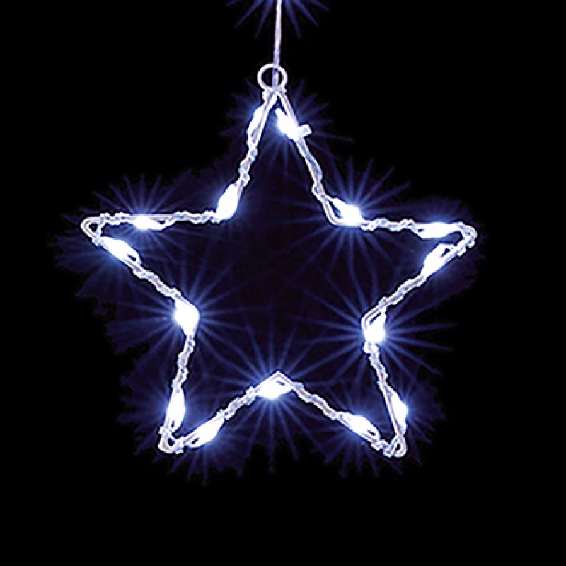 A star-shaped string light ornament glowing with bright white light against a solid black background.