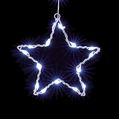 A star-shaped string light ornament glowing with bright white light against a solid black background.