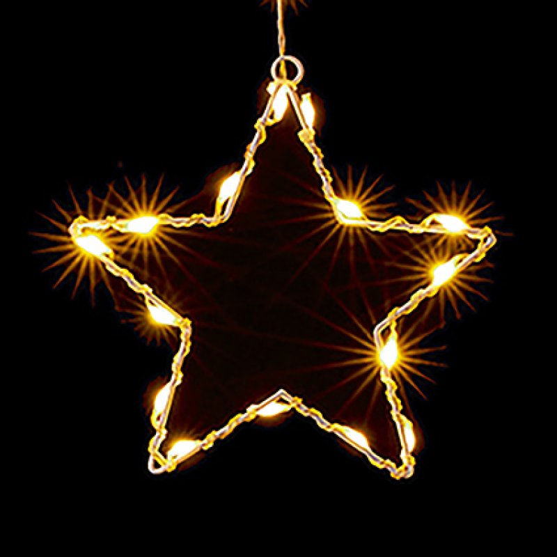 A glowing star-shaped string light ornament with warm white lights on a black background.