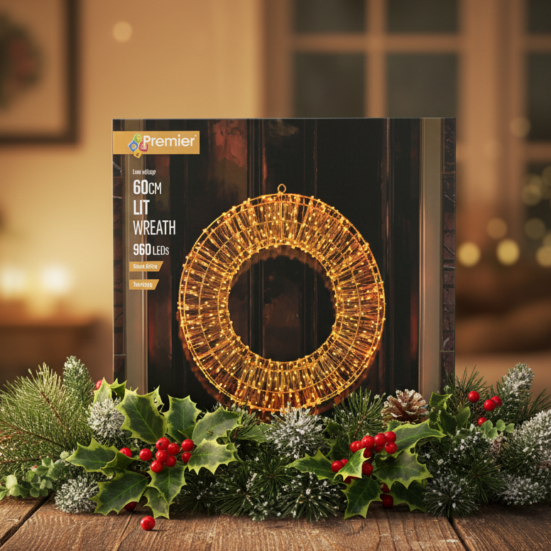 Rose Gold Wreath with Warm White Twinkling LEDs