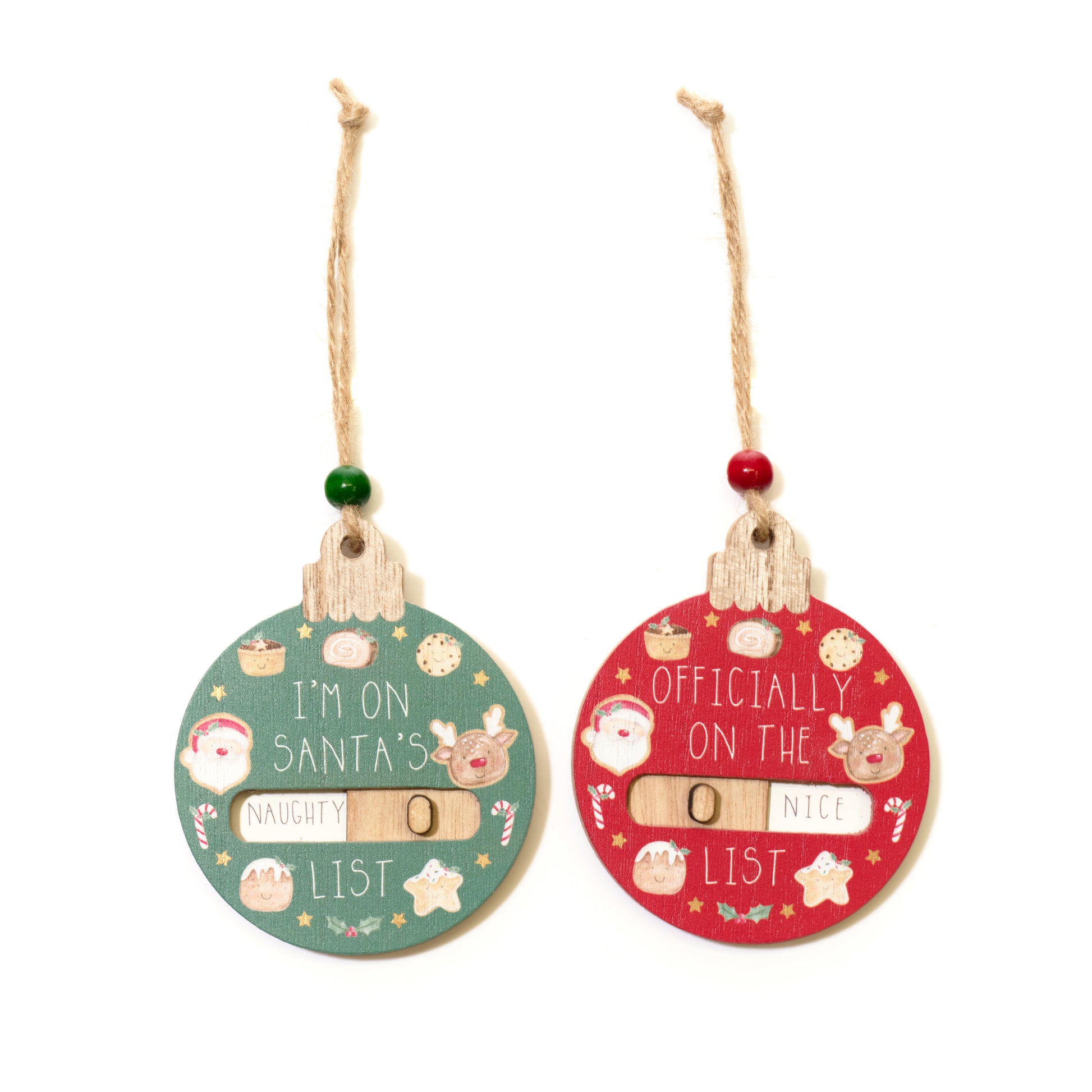 Two Christmas-themed wooden ornaments with text on a white background