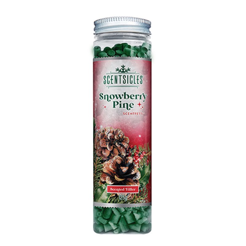 A clear plastic jar candle with a silver screw cap and a red label reading 'SCENTSICLES Snowberry Pine'. The jar is filled with green wax chunks at the top and bottom, with pinecones and berries pictured on the label.