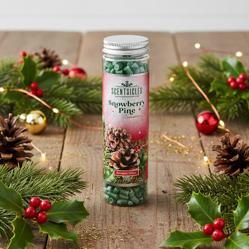 A bottle of Scentsicles Snowberry Pine scented granules  sits on a rustic wooden surface surrounded by holiday greenery, pinecones, red berries, and warm string lights.
