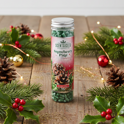A bottle of Scentsicles Snowberry Pine scented granules  sits on a rustic wooden surface surrounded by holiday greenery, pinecones, red berries, and warm string lights.