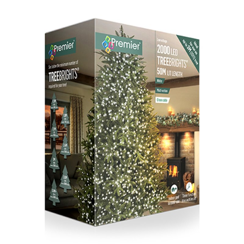 Premier 2000 LED TreeBrights 50m light-length Christmas tree lights in retail packaging, showing a decorated Christmas tree and warm holiday interior scenes on the box.