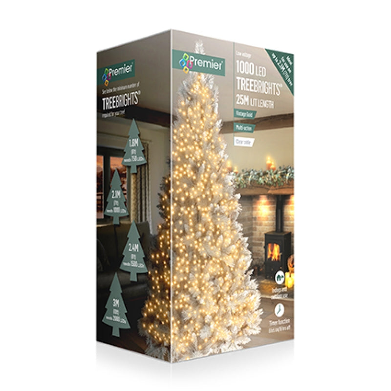 Premier TreeBrights 1000 Vintage Gold LED Christmas String Lights Clear Cable