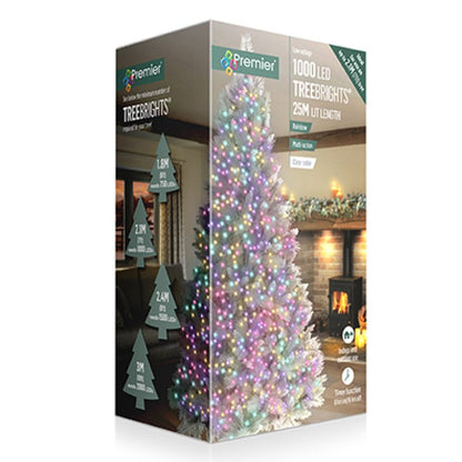Premier 1000 LED tree lights 25m length Christmas  packaging box, showing a decorated flocked Christmas tree with multicolor lights.