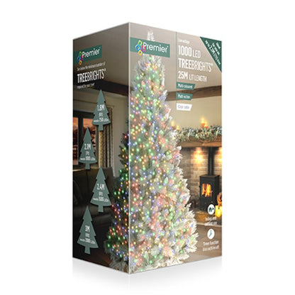 Premier 1000 LED TreeBrights 25M retail packaging, featuring a white flocked tree with multicolor lights on the box front.