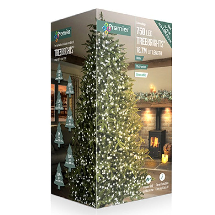Premier 750 LED tree lights in a tall box with an image of a decorated Christmas tree and cosy fireplace scene.